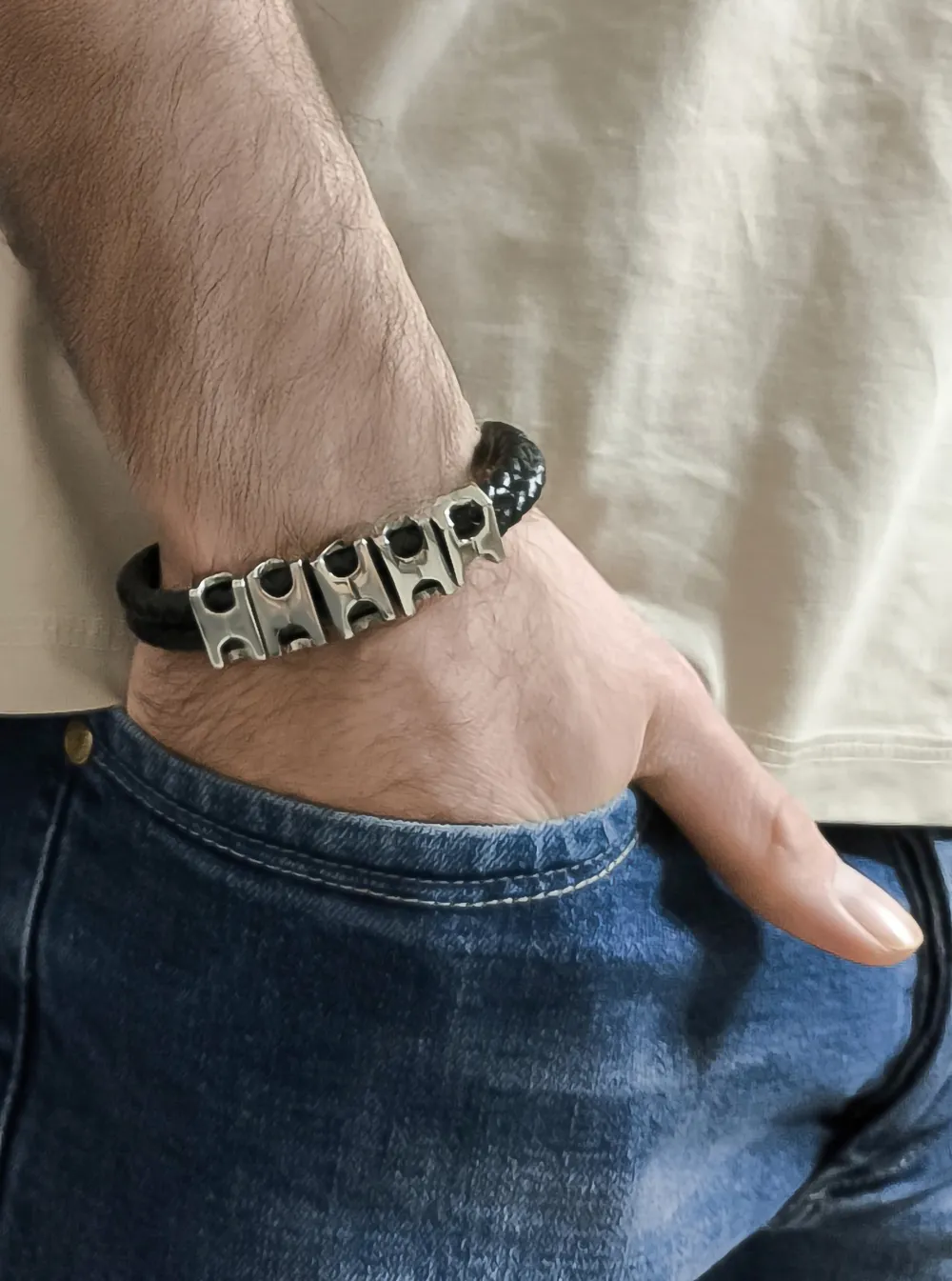 Ανδρικό βραχιόλι με δέρμα & ανοξείδωτο ατσάλι, 21 εκατοστά, TRIBUTE,0230377402